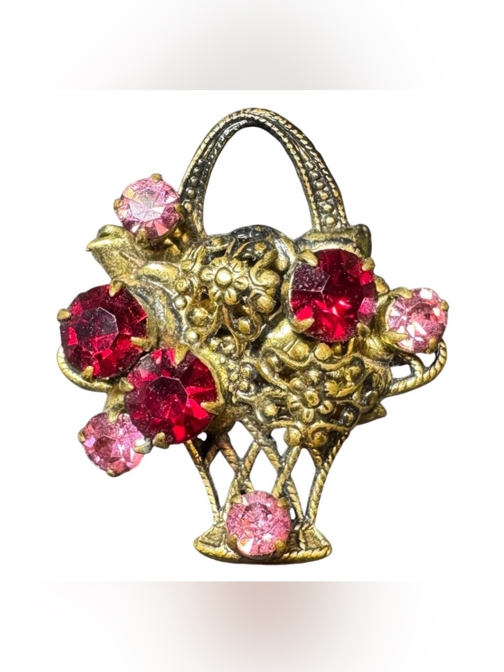 Basket Of Pink & Red Flowers 1.25” Brooch Pin Gold Tone Jewelry
